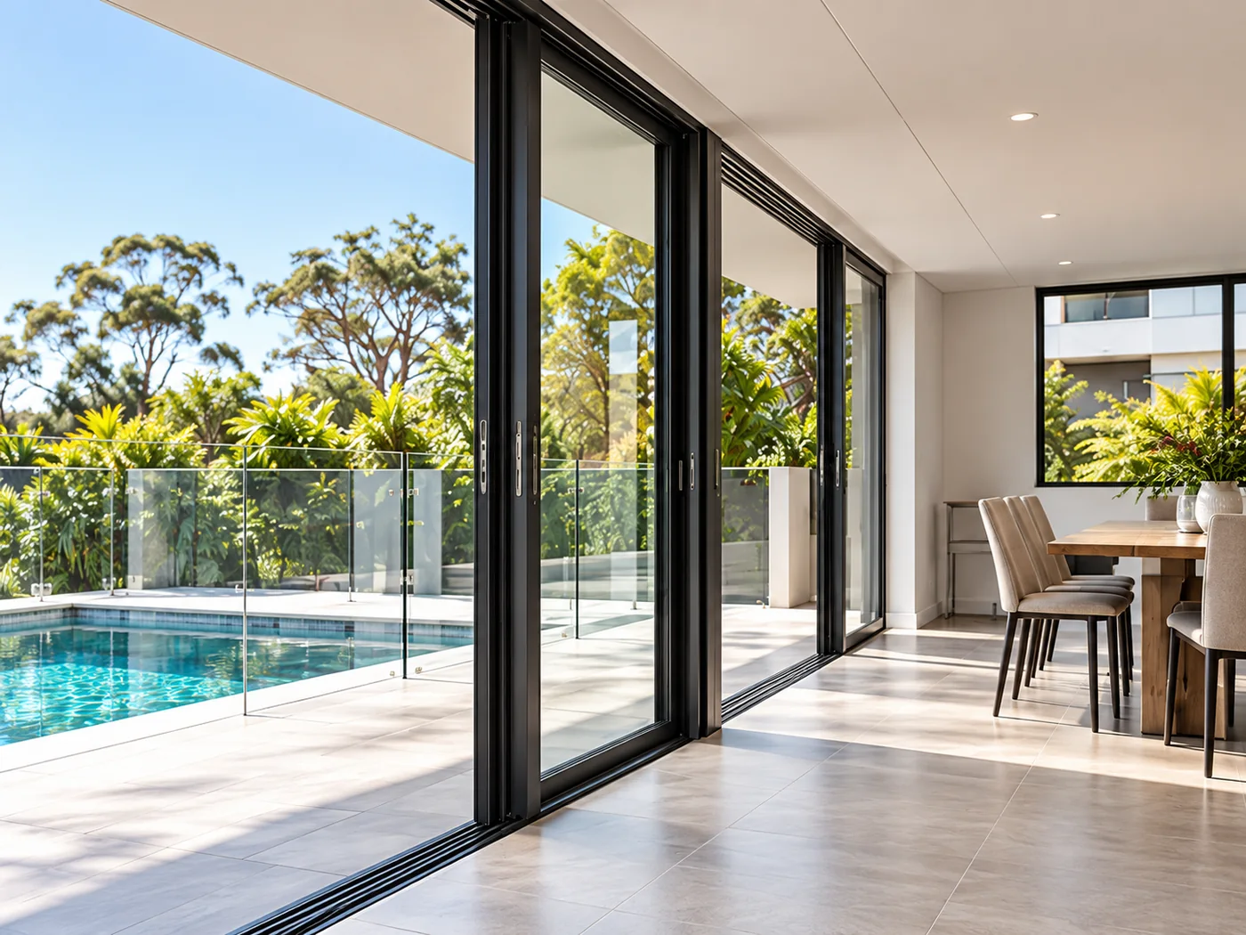 Modern aluminium sliding doors opening to an outdoor area